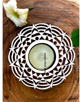 Round tea light candle holder with printing on fabric, clay, tattoo, pottery, henna and cookies